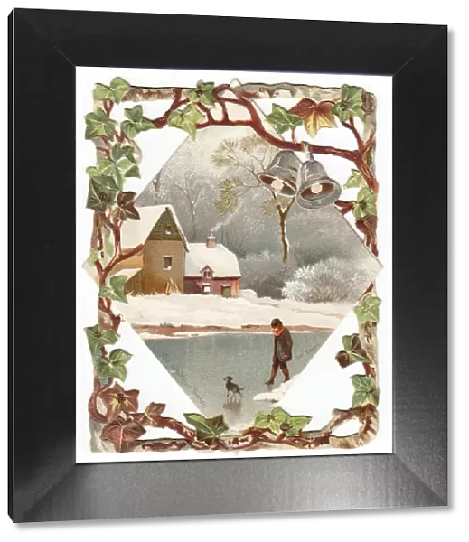 Snow scene with mill and cottage on a Christmas card