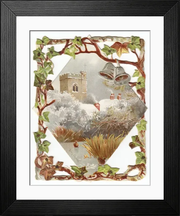 Framed Print : Snow scene with church and bells on a Christmas card
