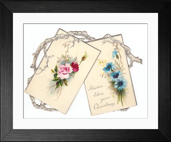 Framed Print : Pink and blue flowers on a cutout Christmas card Framed Print : Pink and blue flowers on a cutout Christmas card