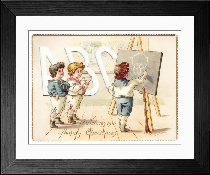 Framed Print : Three boys in schoolroom on a Christmas card Framed Print : Three boys in schoolroom on a Christmas card
