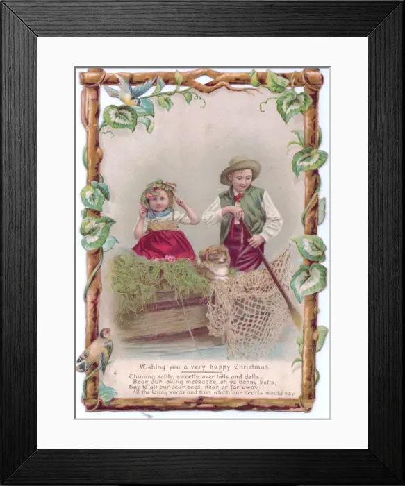 Framed Print : Boy and girl in fishing boat on a Christmas card Framed Print : Boy and girl in fishing boat on a Christmas card