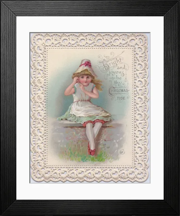 Framed Print : Girl sitting on a wall on a Christmas card Framed Print : Girl sitting on a wall on a Christmas card