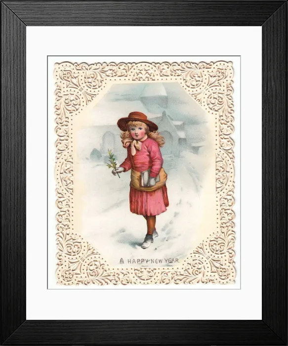 Framed Print : Girl in the snow on a New Year card Framed Print : Girl in the snow on a New Year card