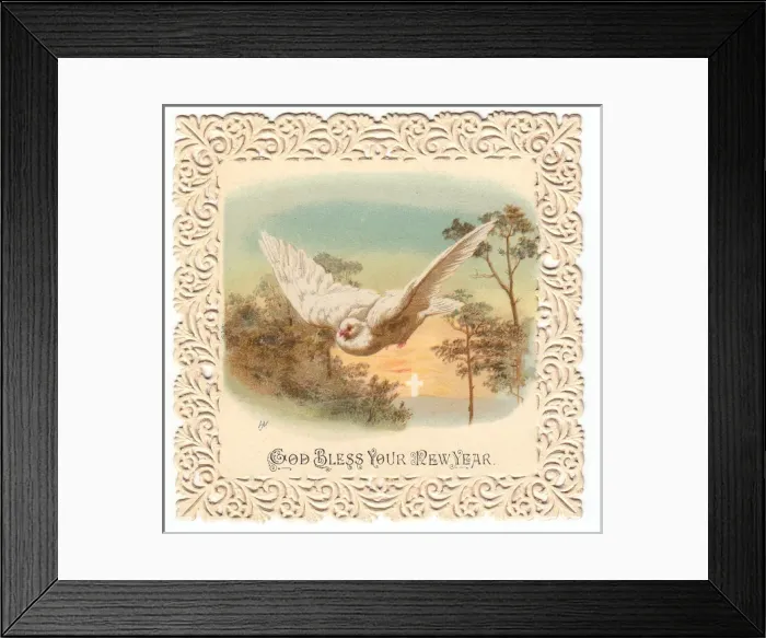 Framed Print : Dove in flight on a New Year card Framed Print : Dove in flight on a New Year card
