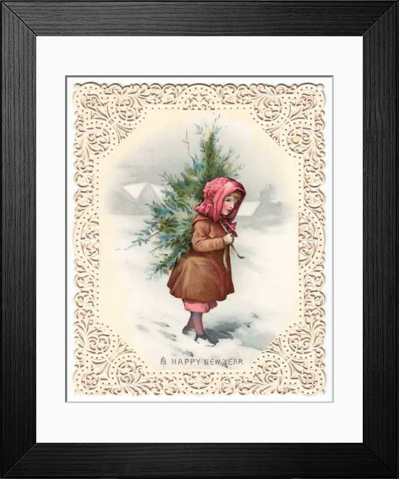 Framed Print : Girl carrying tree through snow on a New Year card Framed Print : Girl carrying tree through snow on a New Year card