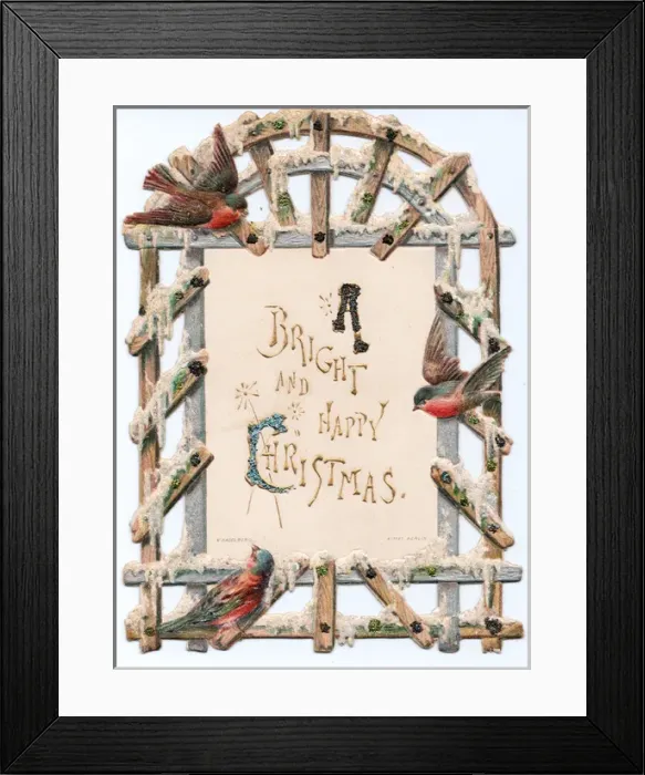 Framed Print : Robins and trellis on a cutout Christmas card Framed Print : Robins and trellis on a cutout Christmas card