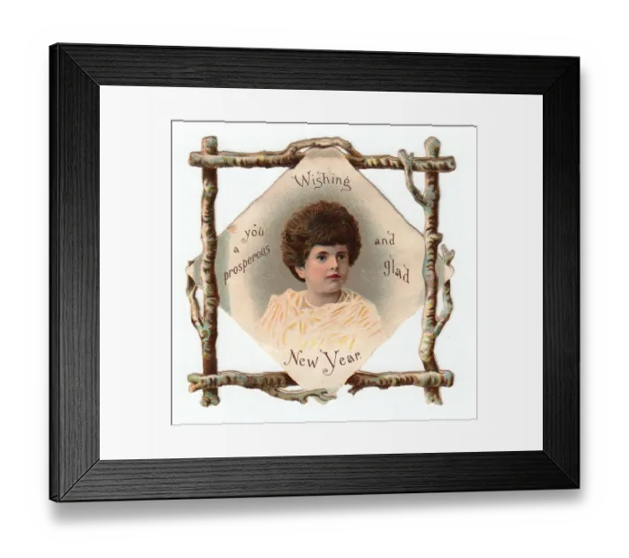 Framed Print : Child with rustic branch border on a New Year card Framed Print : Child with rustic branch border on a New Year card