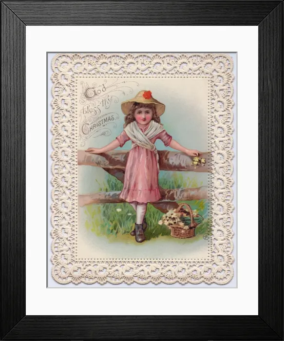 Framed Print : Girl leaning on a fence on a Christmas card