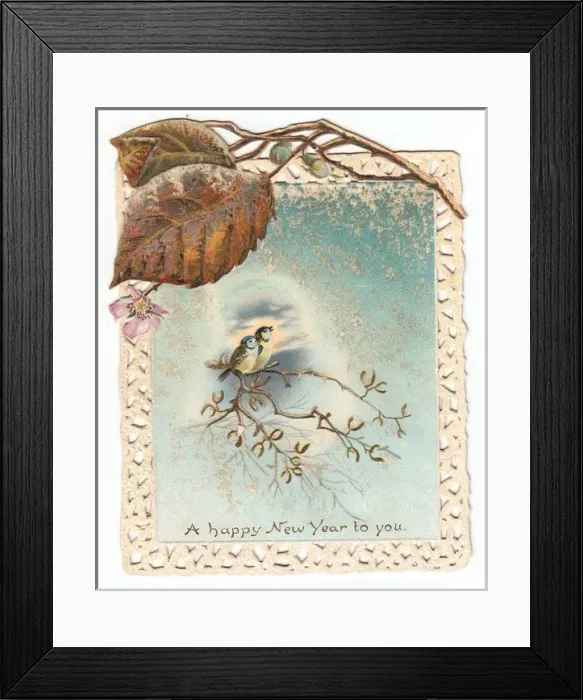 Framed Print : Birds and mistletoe on a New Year card Framed Print : Birds and mistletoe on a New Year card