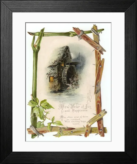 Framed Print : Mill and wheel on a cutout New Year card Framed Print : Mill and wheel on a cutout New Year card