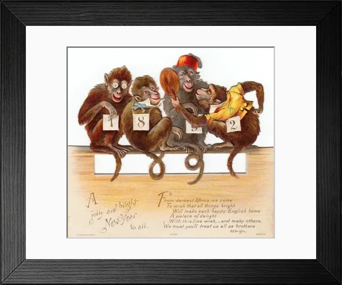 Framed Print : Four monkeys on a cutout New Year card Framed Print : Four monkeys on a cutout New Year card