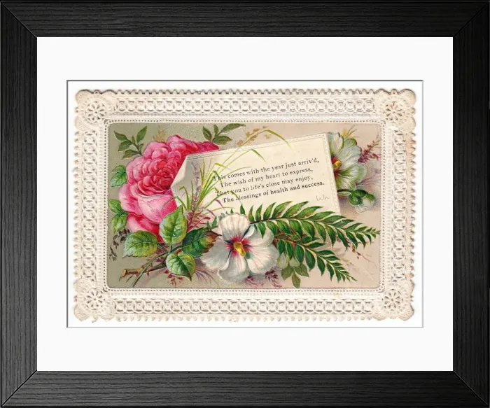 Framed Print : Pink and white flowers on a New Year card Framed Print : Pink and white flowers on a New Year card