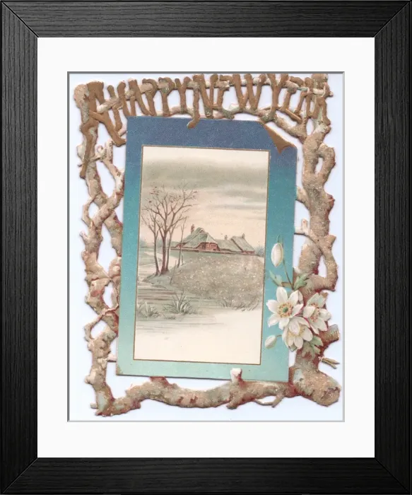 Framed Print : Snow scene and white flowers on a New Year card Framed Print : Snow scene and white flowers on a New Year card