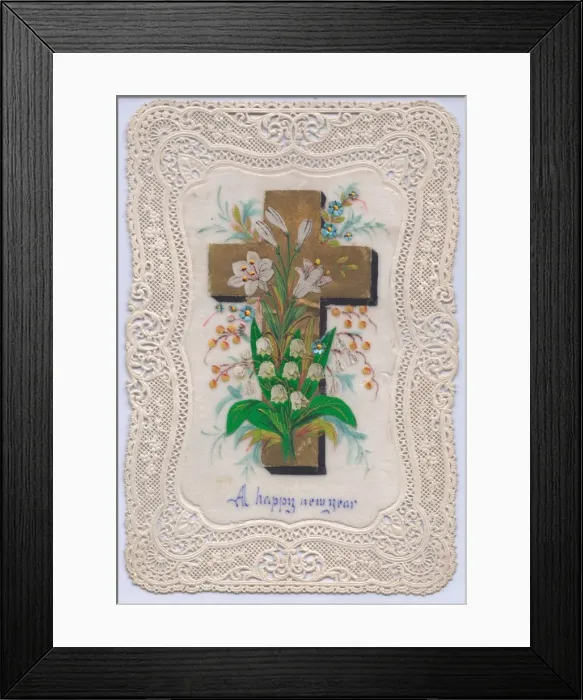 Framed Print : Cross and flowers on a New Year card Framed Print : Cross and flowers on a New Year card