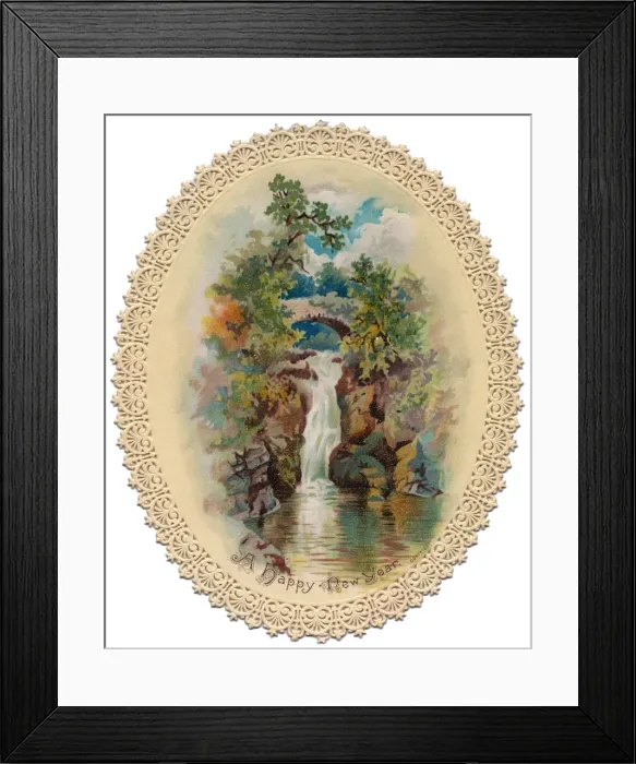 Framed Print : Rural scene with waterfall on a New Year card Framed Print : Rural scene with waterfall on a New Year card