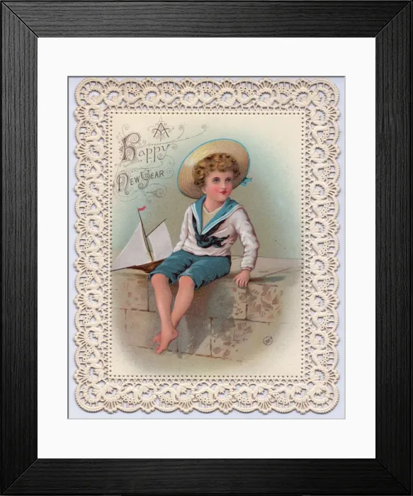 Framed Print : Boy with model boat on a New Year card Framed Print : Boy with model boat on a New Year card