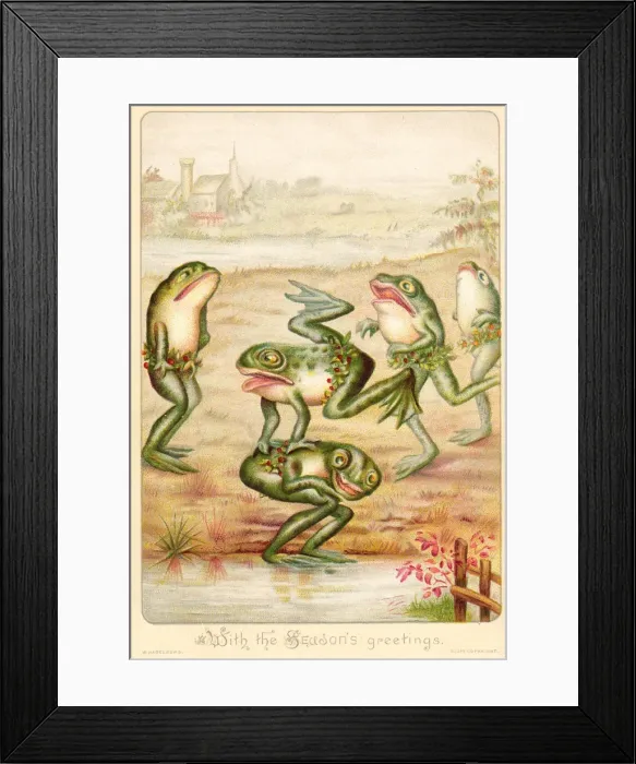 Framed Print : Frogs playing leapfrog on a Christmas card Framed Print : Frogs playing leapfrog on a Christmas card