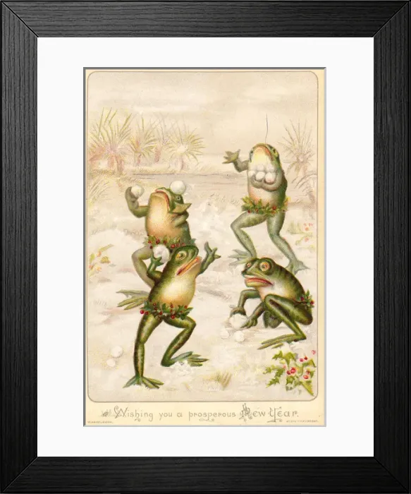 Framed Print : Frogs snowballing on a New Year card Framed Print : Frogs snowballing on a New Year card