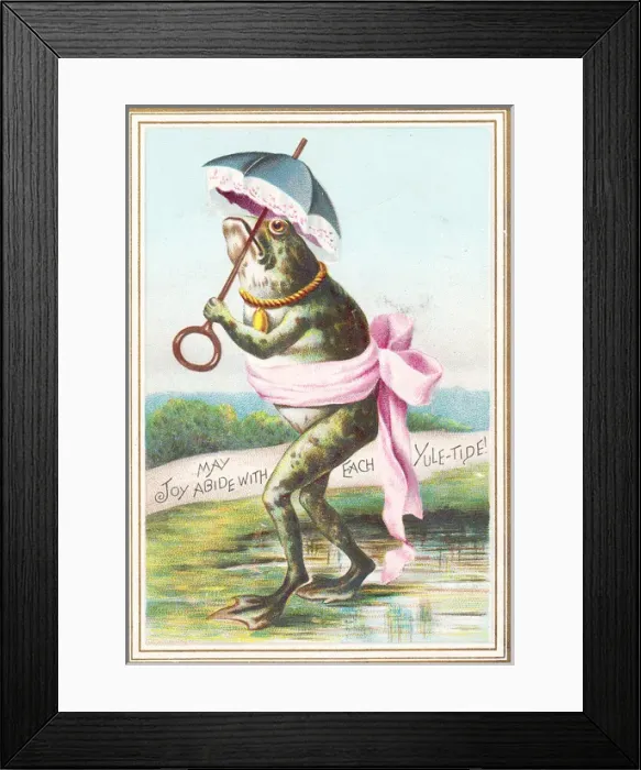 Framed Print : Frog with parasol and pink ribbon on a Christmas card Framed Print : Frog with parasol and pink ribbon on a Christmas card