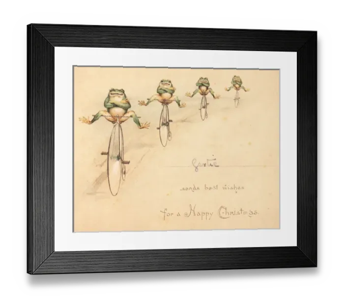 Framed Print : Four frogs on bicycles on a Christmas card Framed Print : Four frogs on bicycles on a Christmas card