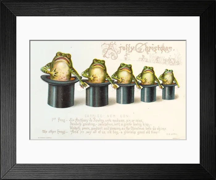 Framed Print : Five frogs in top hats on a Christmas card Framed Print : Five frogs in top hats on a Christmas card