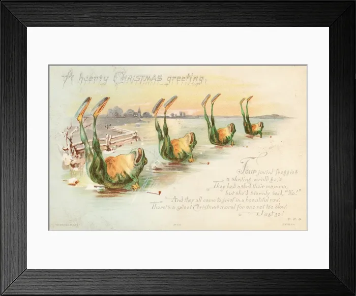 Framed Print : Four frogs ice skating on a Christmas card Framed Print : Four frogs ice skating on a Christmas card