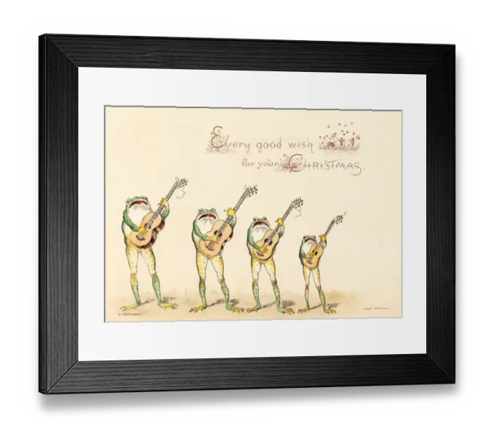 Framed Print : Four frogs playing guitars on a Christmas card Framed Print : Four frogs playing guitars on a Christmas card