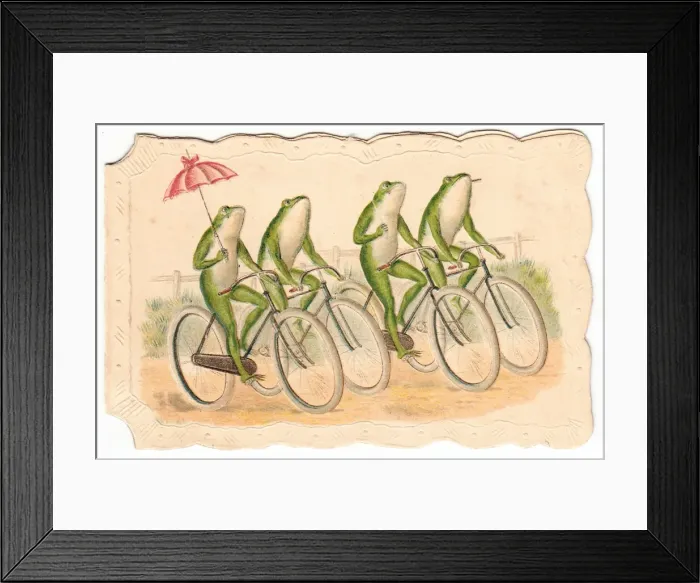 Framed Print : Four frogs on bicycles on a Christmas card Framed Print : Four frogs on bicycles on a Christmas card