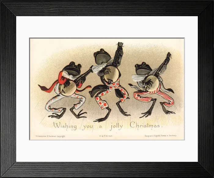 Framed Print : Three frogs playing banjos on a Christmas card Framed Print : Three frogs playing banjos on a Christmas card