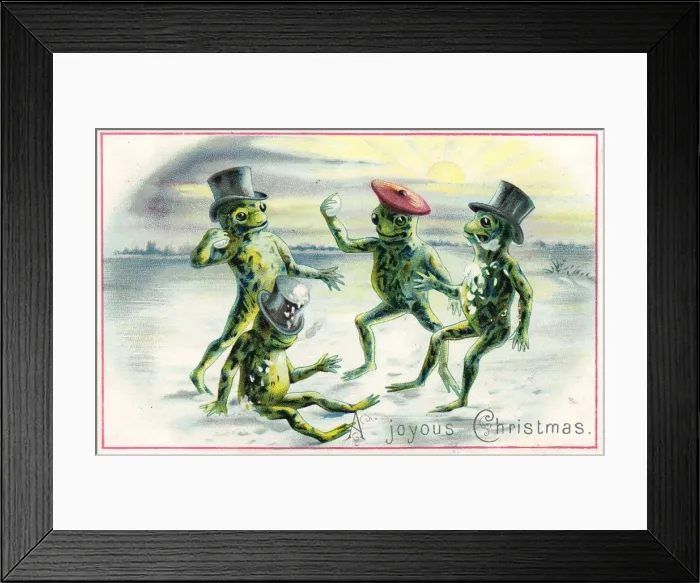 Framed Print : Four frogs snowballing on a Christmas card Framed Print : Four frogs snowballing on a Christmas card