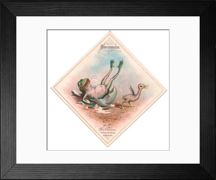 Framed Print : Frog and duckling on a Christmas card Framed Print : Frog and duckling on a Christmas card