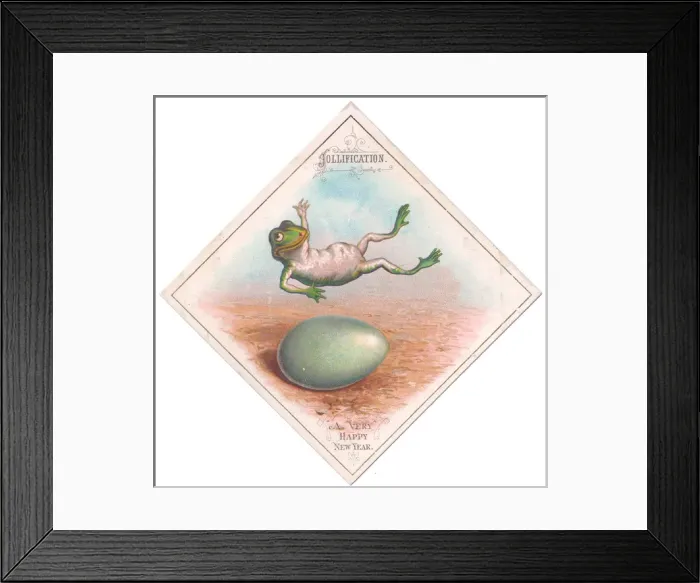 Framed Print : Frog and egg on a New Year card Framed Print : Frog and egg on a New Year card