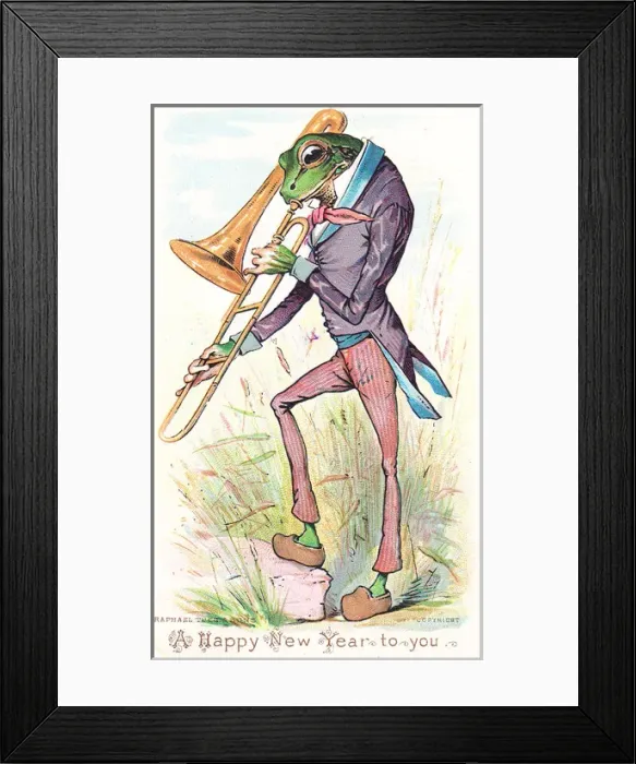 Framed Print : Frog playing trombone on a New Year card