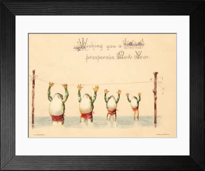 Framed Print : Four frog acrobats on a New Year card Framed Print : Four frog acrobats on a New Year card