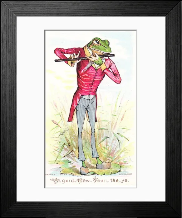 Framed Print : Frog playing flute on a New Year card Framed Print : Frog playing flute on a New Year card
