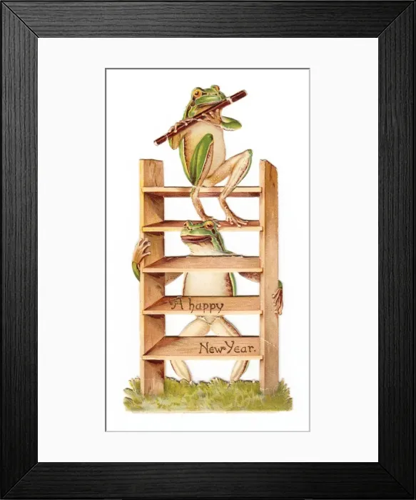 Framed Print : Two frogs with flute and ladder on a New Year card Framed Print : Two frogs with flute and ladder on a New Year card