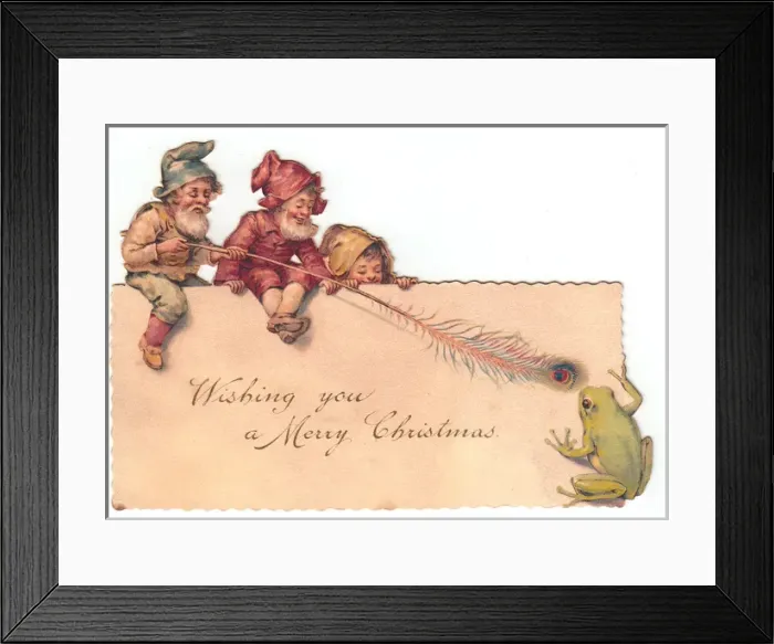 Framed Print : Three goblins and a frog on a cutout Christmas card Framed Print : Three goblins and a frog on a cutout Christmas card