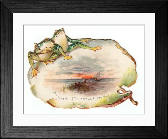 Framed Print : Two frogs with seascape on a cutout Christmas card Framed Print : Two frogs with seascape on a cutout Christmas card