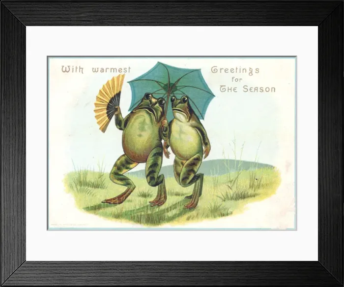 Framed Print : Two frogs with parasol on a Christmas card Framed Print : Two frogs with parasol on a Christmas card