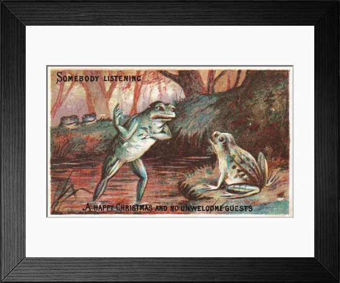 Framed Print : Frogs on a riverbank on a Christmas card Framed Print : Frogs on a riverbank on a Christmas card