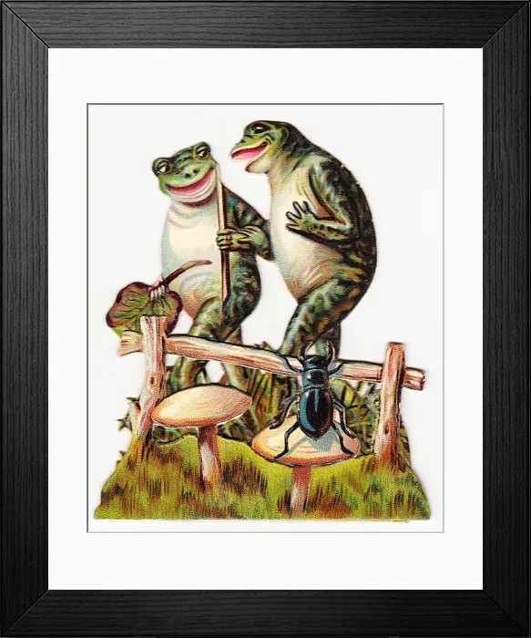 Framed Print : Two frogs and beetle on a cutout greetings card Framed Print : Two frogs and beetle on a cutout greetings card