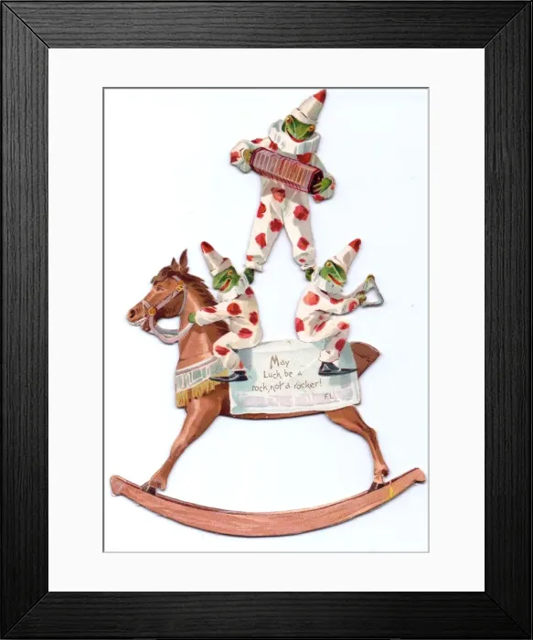Framed Print : Three frogs and rocking horse on a cutout card Framed Print : Three frogs and rocking horse on a cutout card