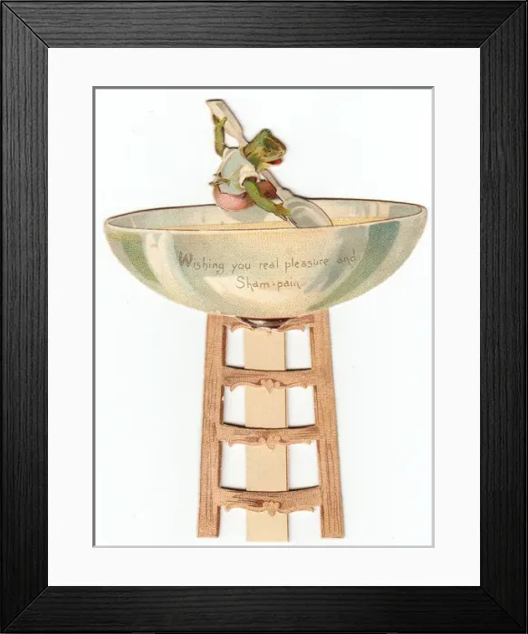 Framed Print : Frog with champagne glass on a cutout greetings card Framed Print : Frog with champagne glass on a cutout greetings card