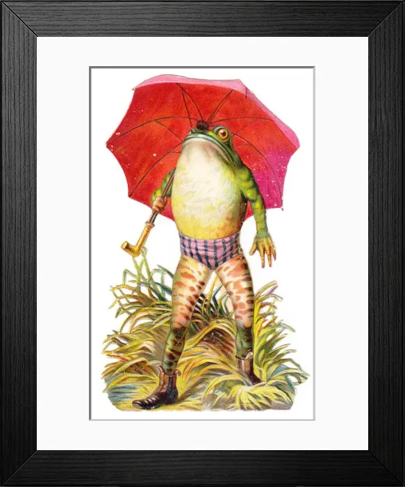 Framed Print : Frog with red umbrella on a cutout greetings card Framed Print : Frog with red umbrella on a cutout greetings card