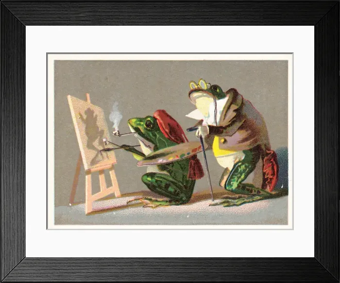 Framed Print : Frog artist and patron on a greetings card Framed Print : Frog artist and patron on a greetings card