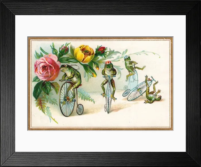 Framed Print : Four frogs on bicycles with flowers on a greetings card Framed Print : Four frogs on bicycles with flowers on a greetings card