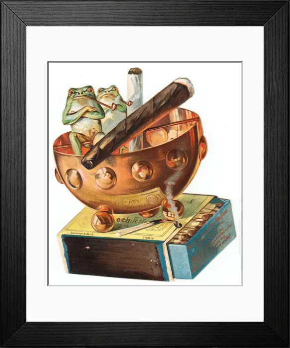 Framed Print : Frogs with pipes on a cutout New Year card Framed Print : Frogs with pipes on a cutout New Year card