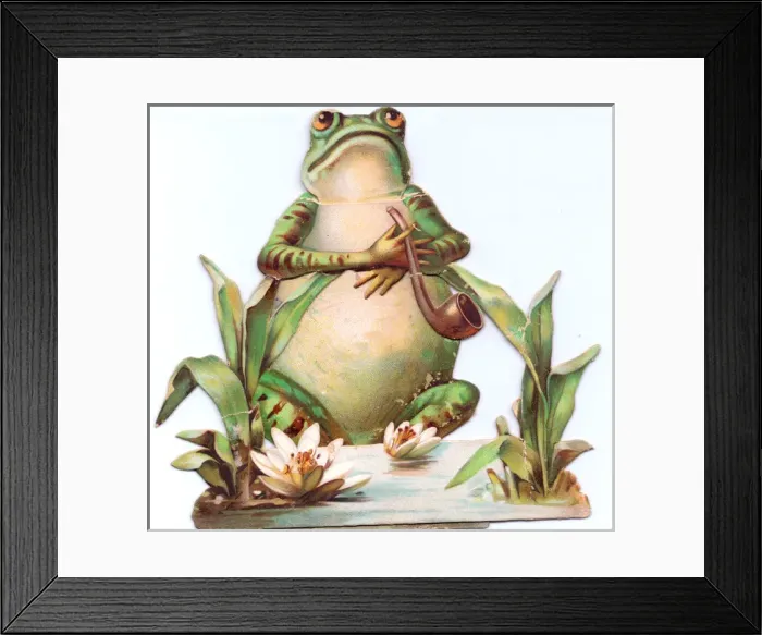 Framed Print : Frog with pipe and lilies on a cutout greetings card Framed Print : Frog with pipe and lilies on a cutout greetings card
