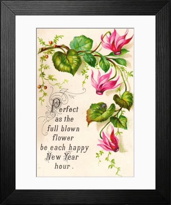 Framed Print : Pink flowers on a New Year card Framed Print : Pink flowers on a New Year card
