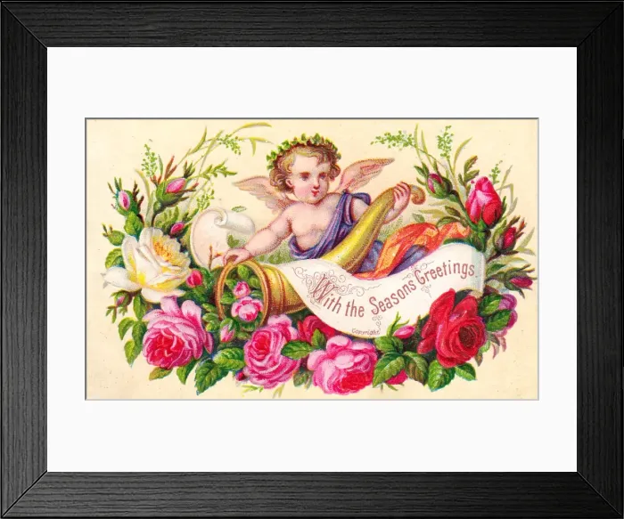 Framed Print : Cherub with pink roses on a Christmas card Framed Print : Cherub with pink roses on a Christmas card